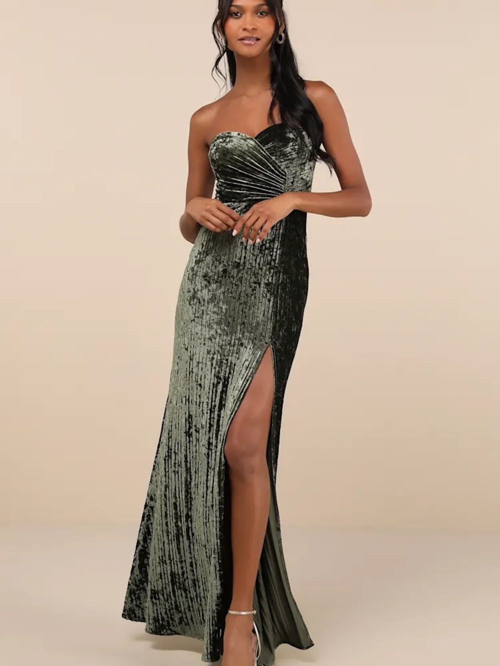 NWT Lulu's Classy Sensation Olive Velvet Pleated Strapless Maxi Dress